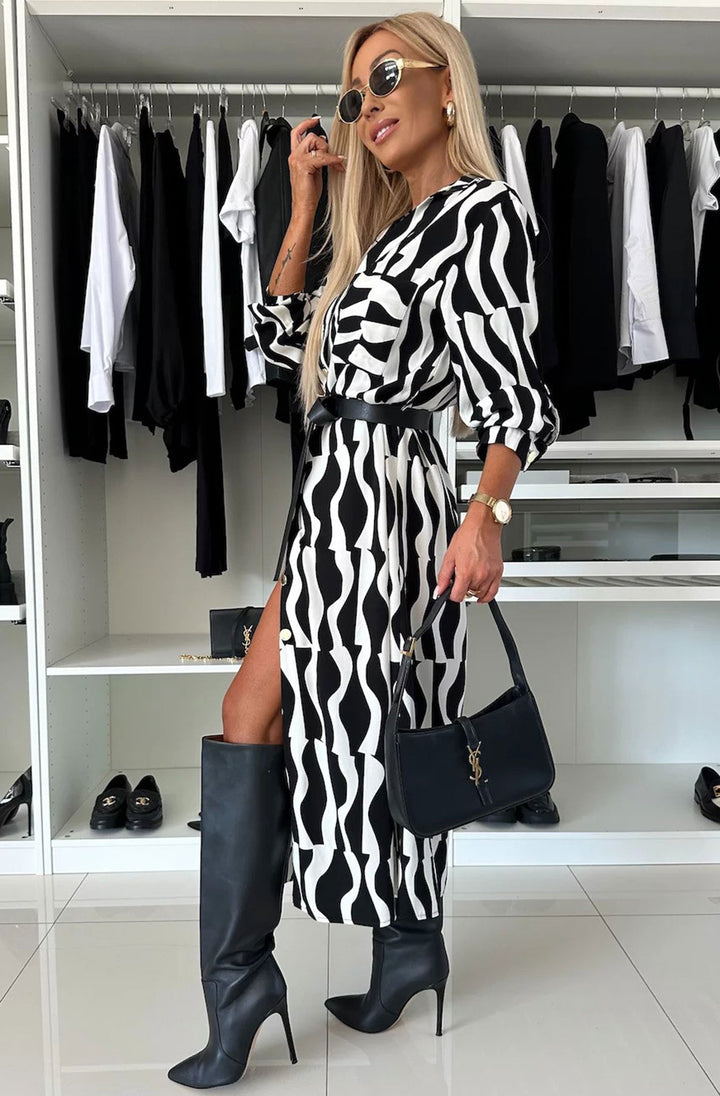 Alexia Bold Abstract Print Midaxi Shirt Dress-Black