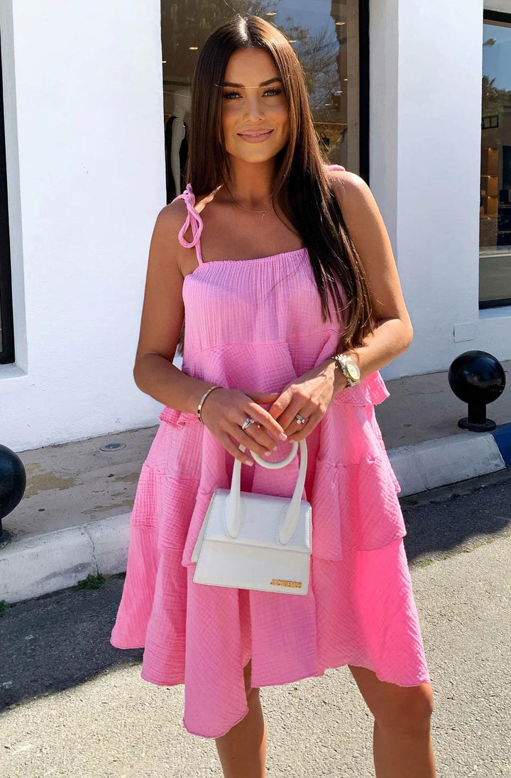 Angela Oversized Plain Tiered Dress-Pink