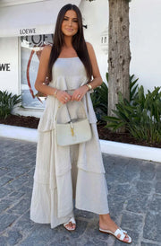 Angela Oversized Plain Tiered Maxi Dress-Stone