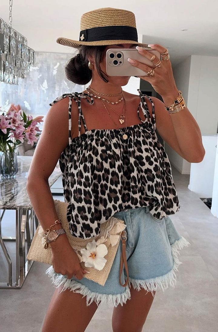 Kacie Leopard Animal Cropped Cotton Gauze Style Tie-Up Top-Brown