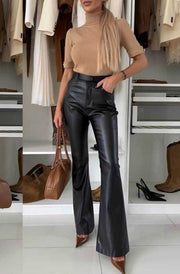 Nerisse Faux Leather Flare High-Waist Trousers-Black