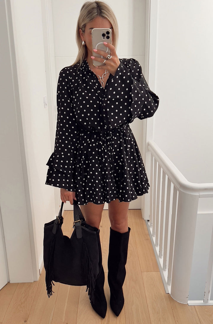 Ophilia Frill Polka Dot Mini Dress-Black