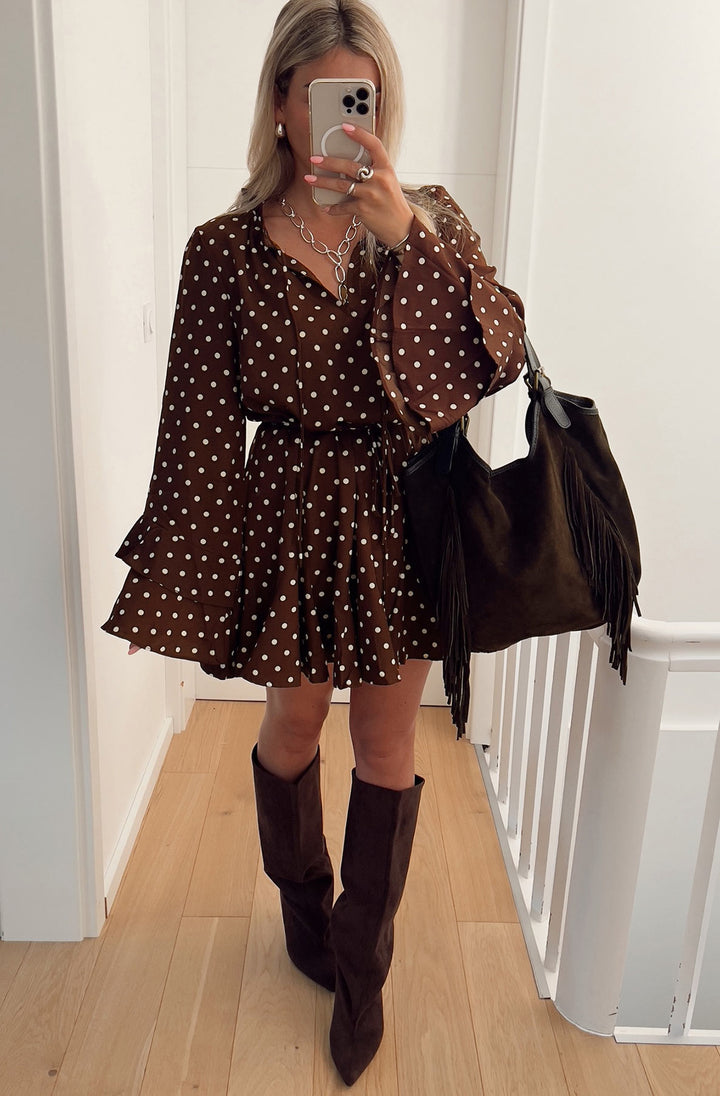 Ophilia Frill Polka Dot Mini Dress-Brown