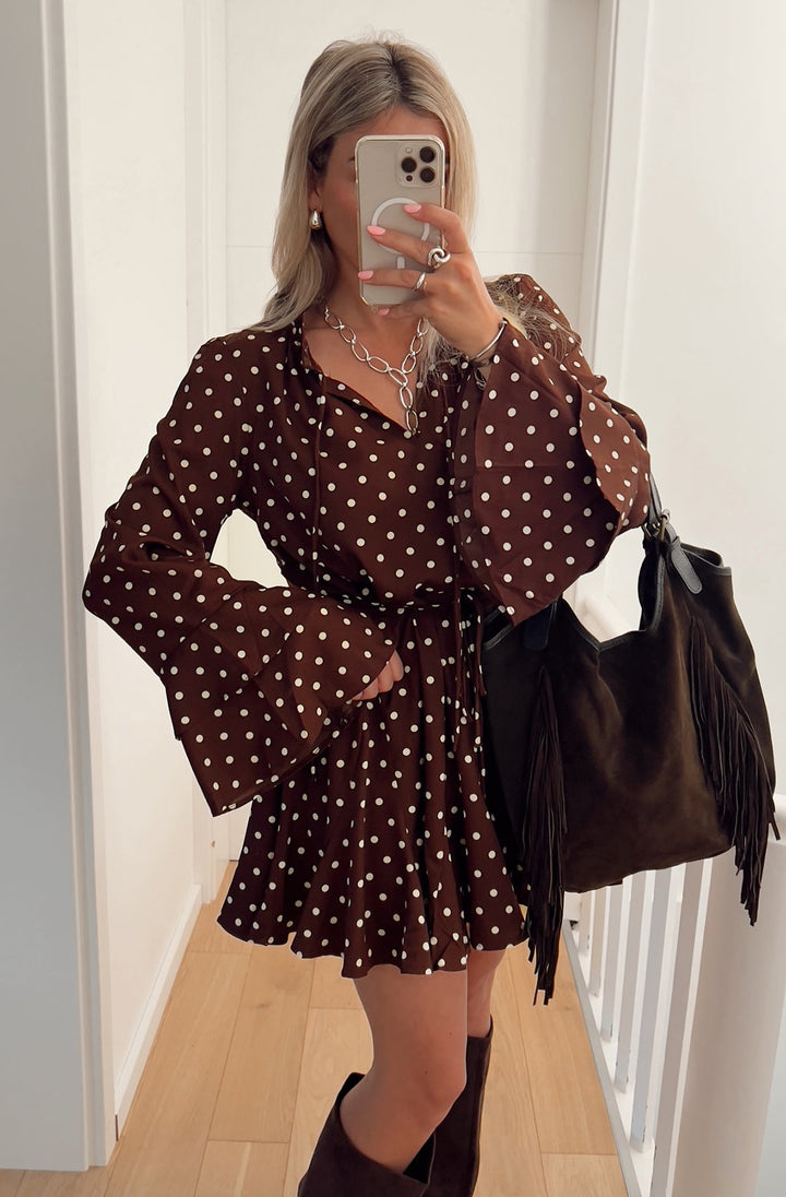 Ophilia Frill Polka Dot Mini Dress-Brown