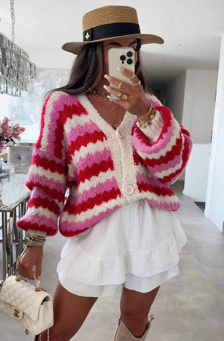 Tamara Contrast Patterned Knitted Cardigan-Red