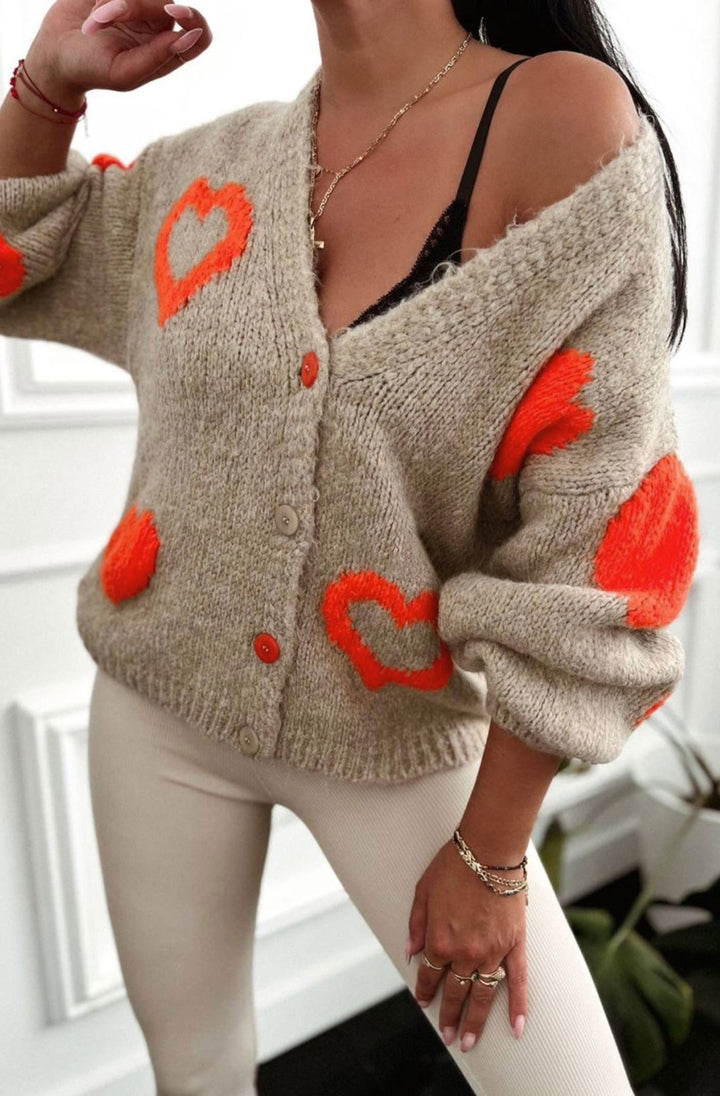 Trinnie Contrast Heart Patterned Knitted Cardigan-Mocha
