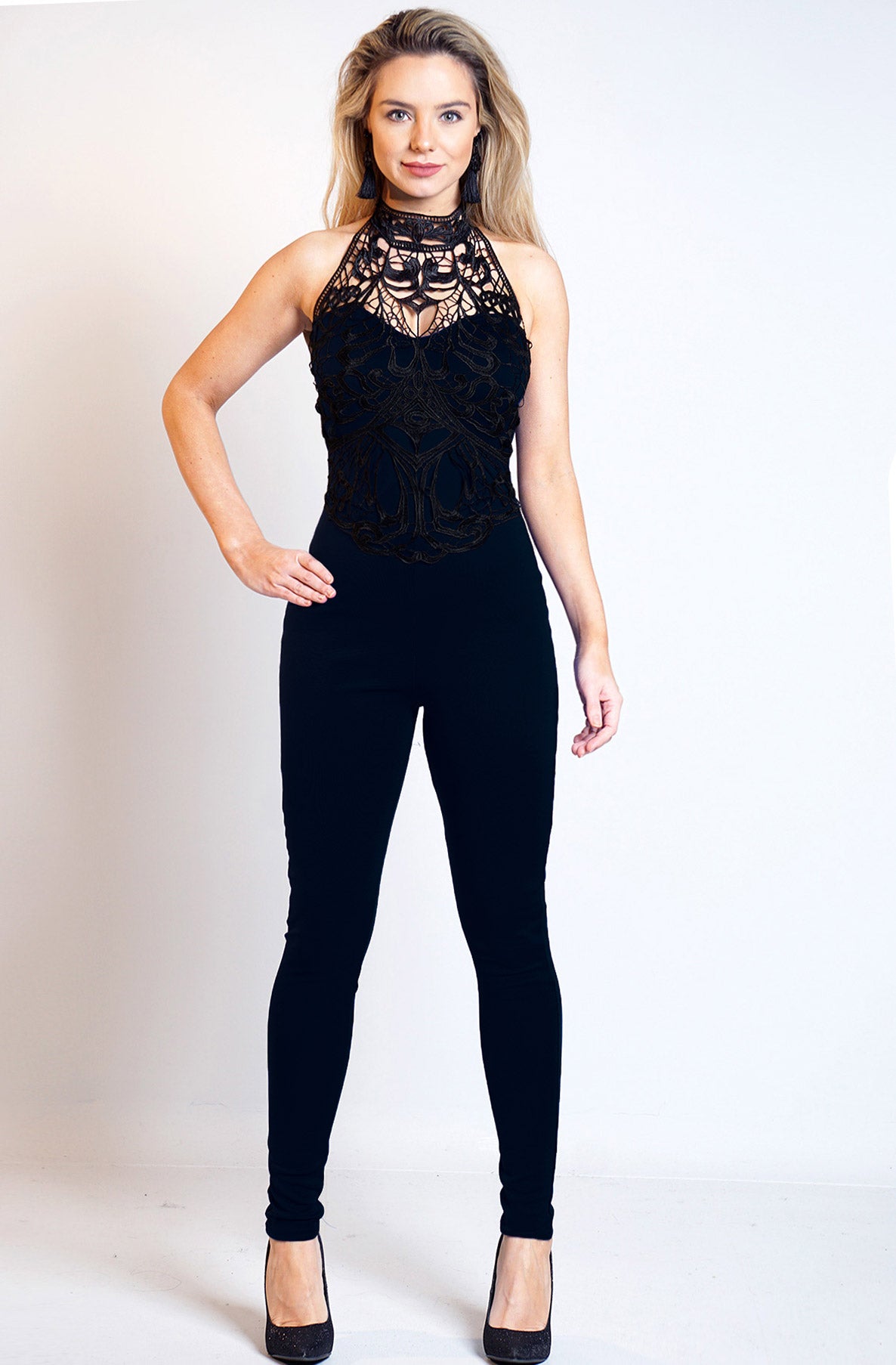 Abby Crochet Trim Halter Neck Jumpsuit-Black