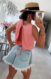 Adele Cropped Cotton Gauze Style Tie-Up Top-Coral