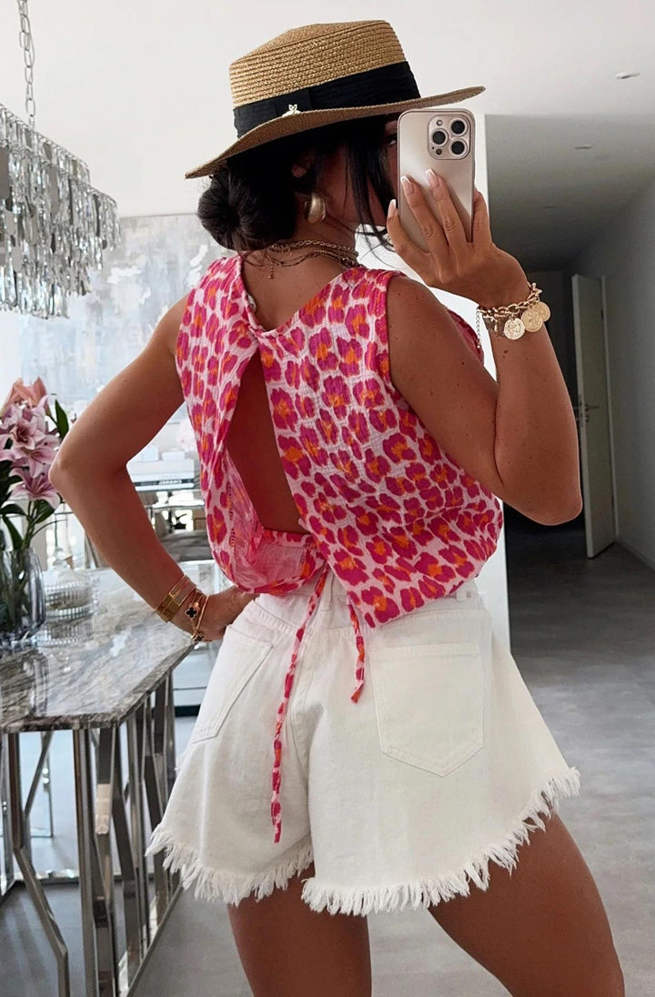 Adele Leopard Animal Cropped Cotton Gauze Style Tie-Up Top-Dark Pink