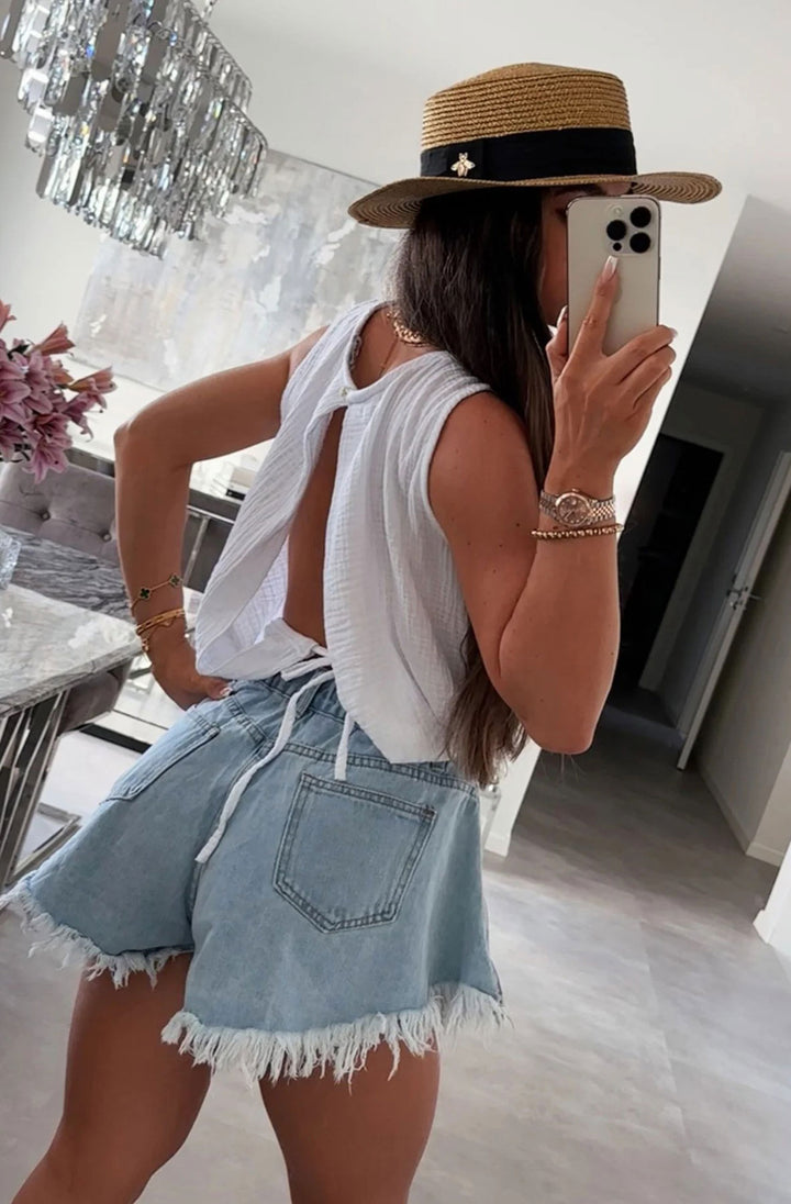 Adele Cropped Cotton Gauze Style Tie-Up Top-Ivory