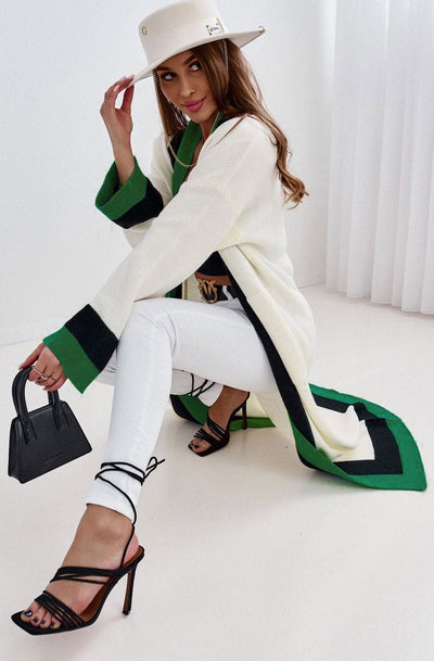 Aisha Wide Sleeve Longline Colour Block Cardigan-Green