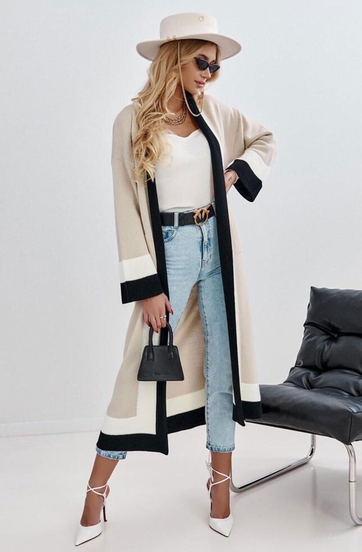 Aisha Wide Sleeve Longline Colour Block Cardigan-Ivory