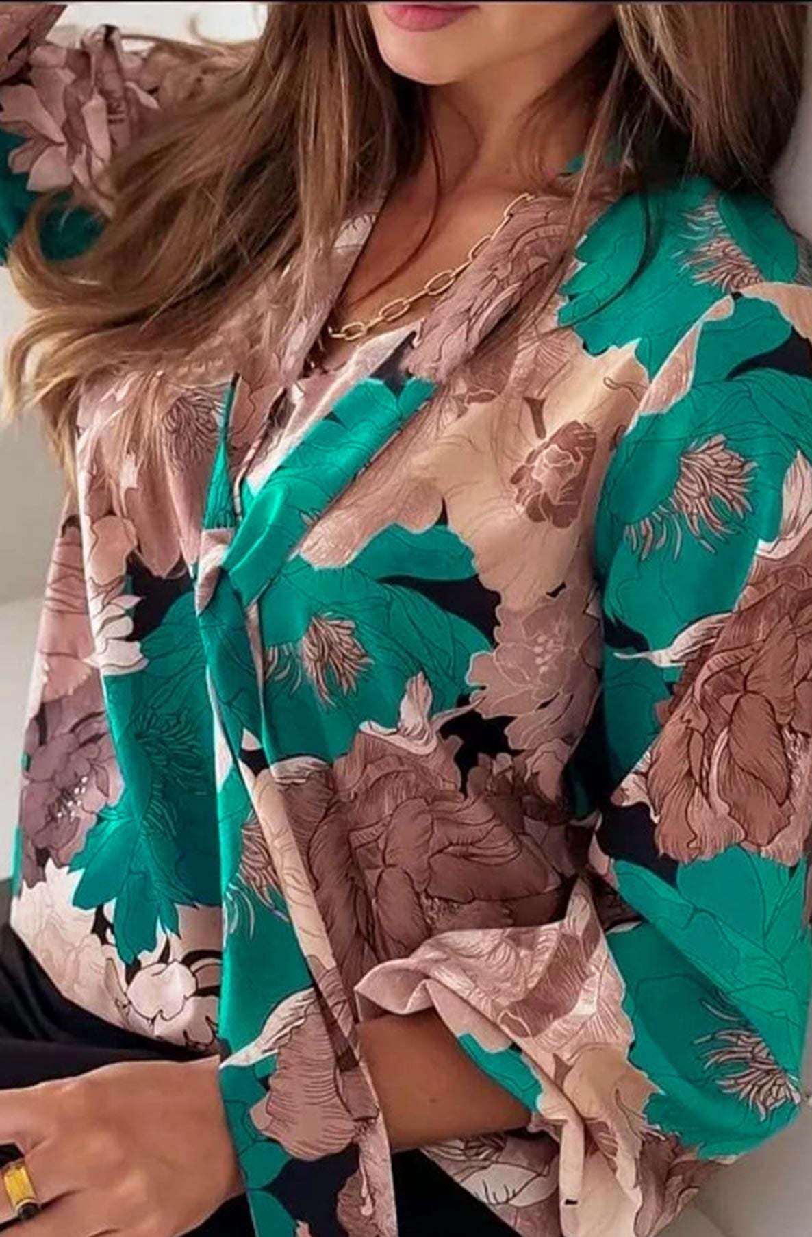 Alana Floral Pussybow Blouse Shirt Top-Green