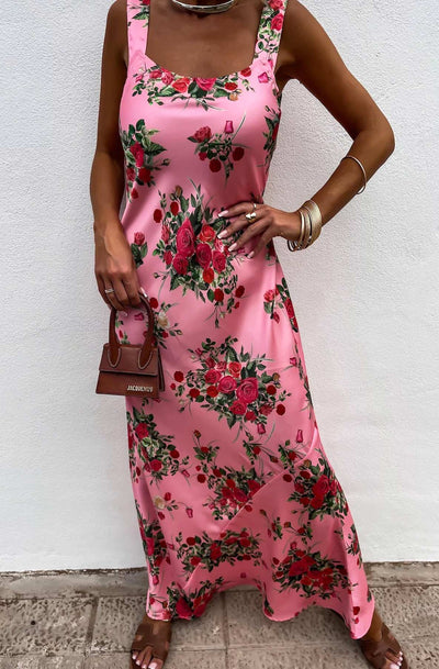 Alania Satin Floral Maxi Dress-Pink