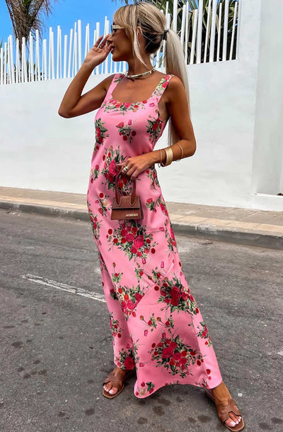 Alania Satin Floral Maxi Dress-Pink