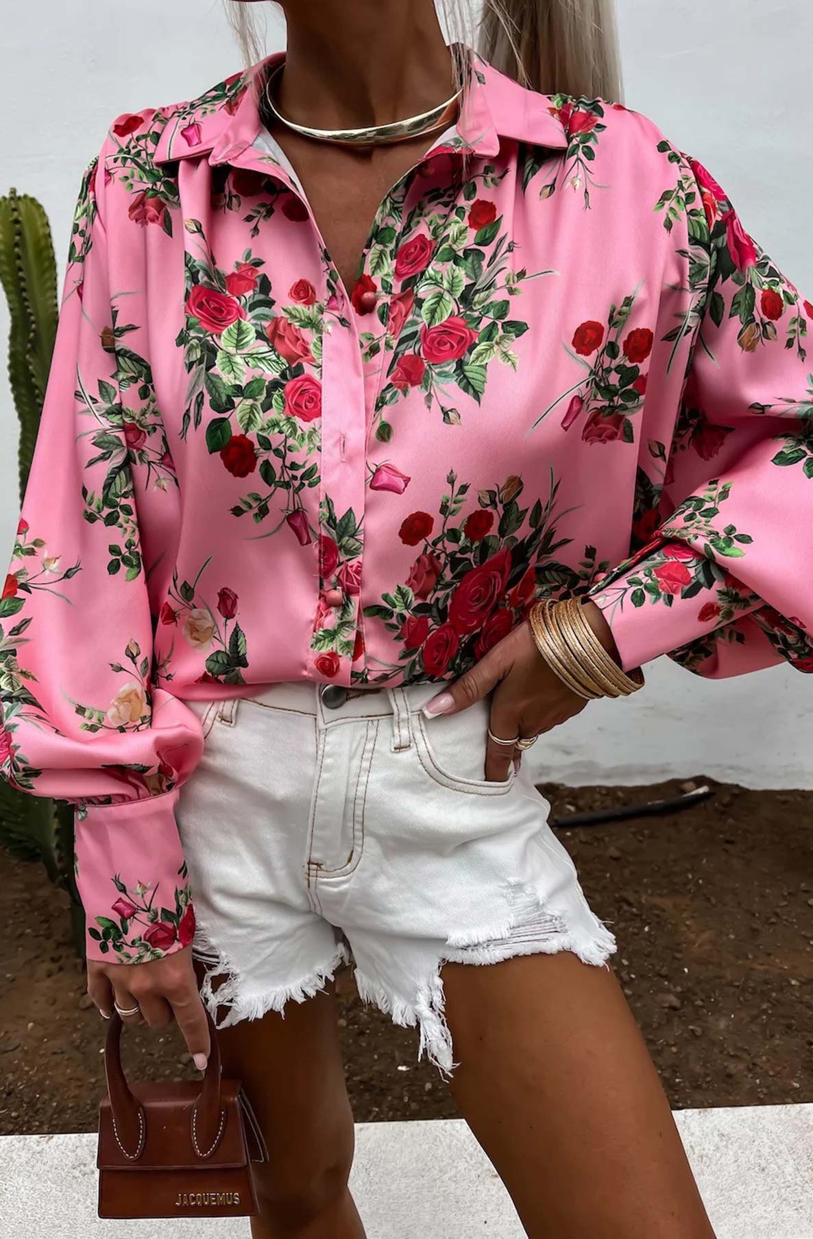 Alania Satin Floral Blouse Shirt Top-Pink