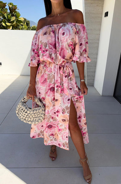 Alanis Bardot Floral Frill Midaxi Dress-Dusty Pink