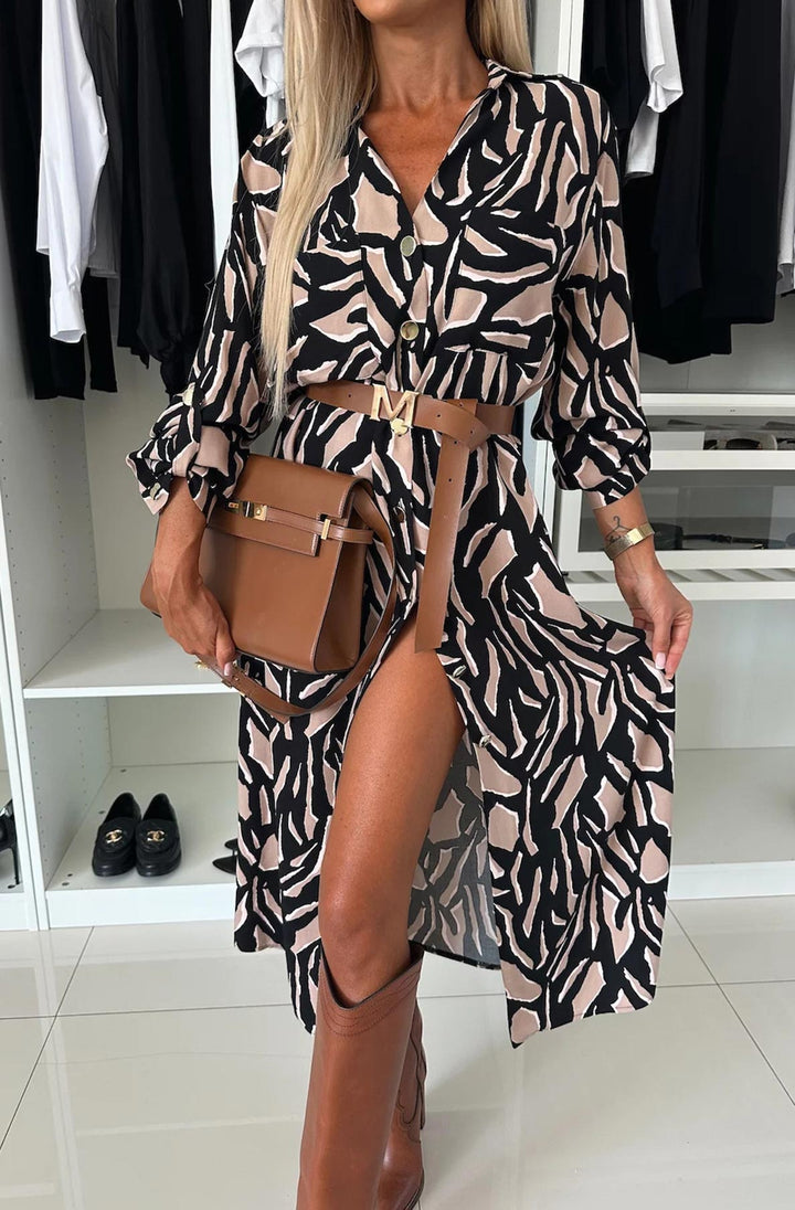 Alexia Bold Abstract Print ﻿Midaxi Shirt Dress-Brown