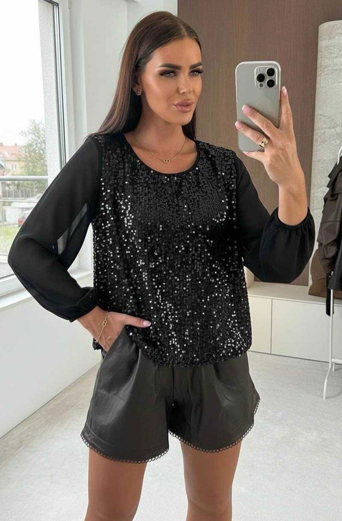 Alina Sequin Front Panel  Chiffon Blouse Top-Black