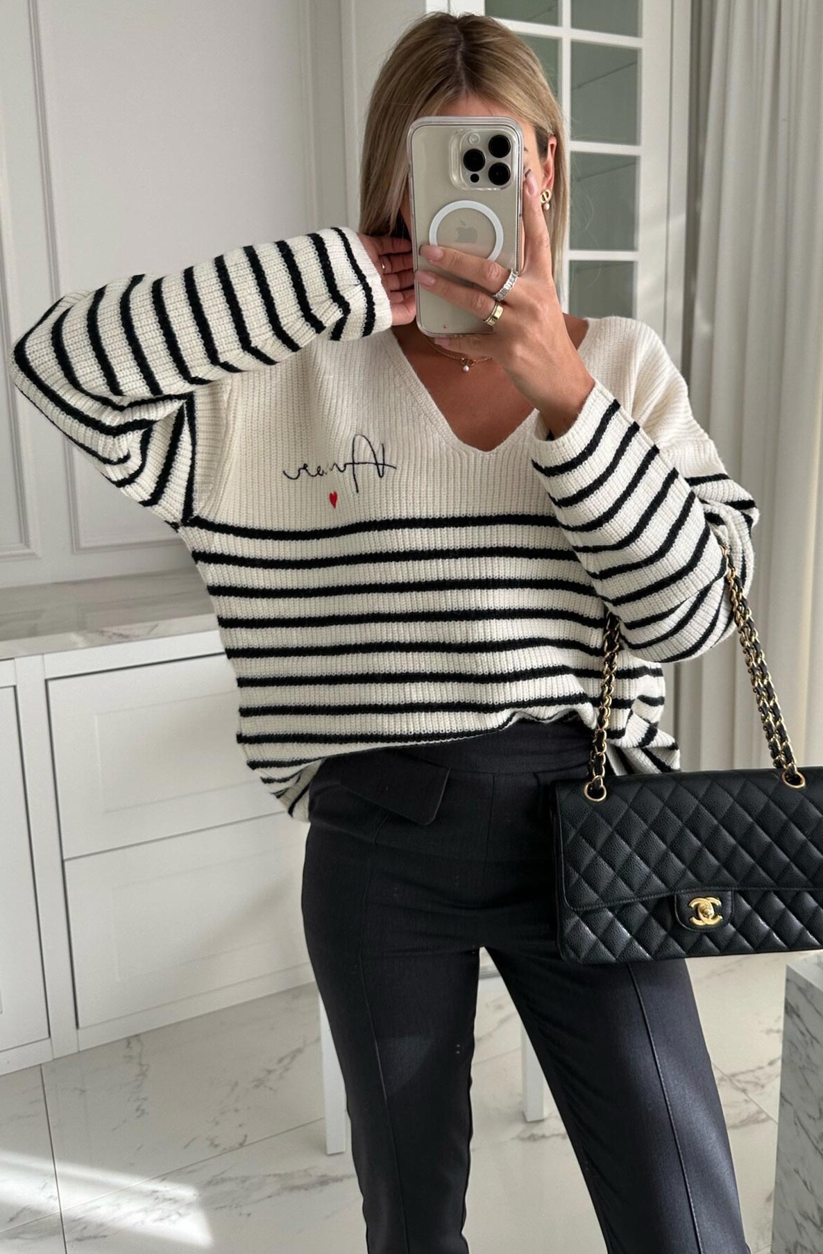 Alisa Striped 'AMOR' Knitted Jumper Sweater Top-Black