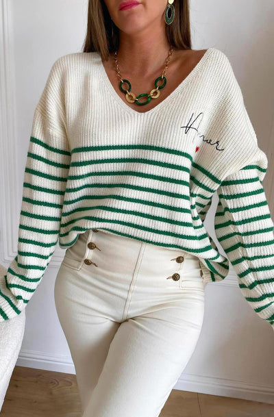 Alisa Striped 'AMOR' Knitted Jumper Sweater Top-Green