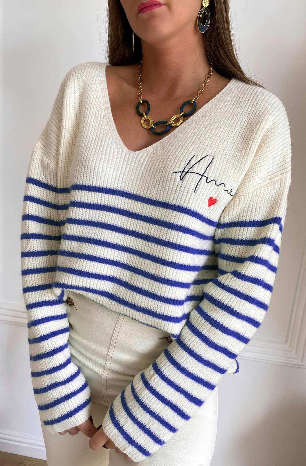 Alisa Striped 'AMOR' Knitted Jumper Sweater Top-Royal Blue