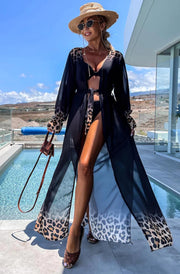 Alora Ombre Leopard Animal Beach Cover Up Wrap Maxi Dress-Black
