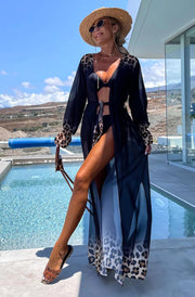 Alora Ombre Leopard Animal Beach Cover Up Wrap Maxi Dress-Black