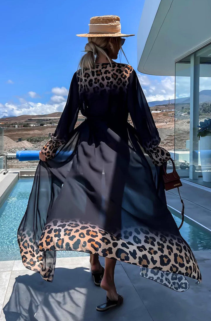 Alora Ombre Leopard Animal Beach Cover Up Wrap Maxi Dress-Black