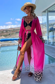 Alora Ombre Leopard Animal Beach Cover Up Wrap Maxi Dress-Hot Pink