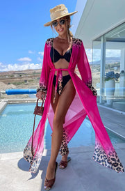 Alora Ombre Leopard Animal Beach Cover Up Wrap Maxi Dress-Hot Pink