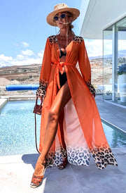 Alora Ombre Leopard Animal Beach Cover Up Wrap Maxi Dress-Orange