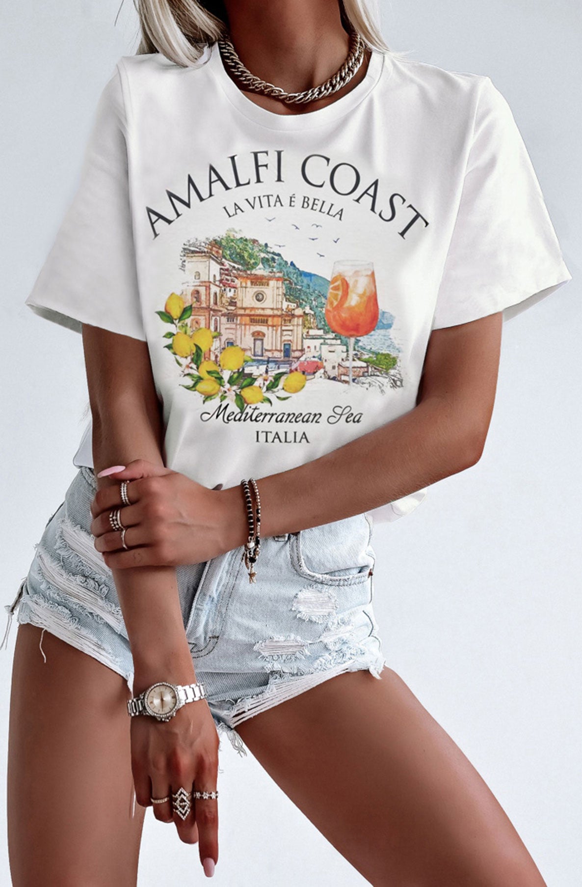 Amalfi Coast - Mediterranean Sea Graphic Printed T-Shirt Top-Ivory
