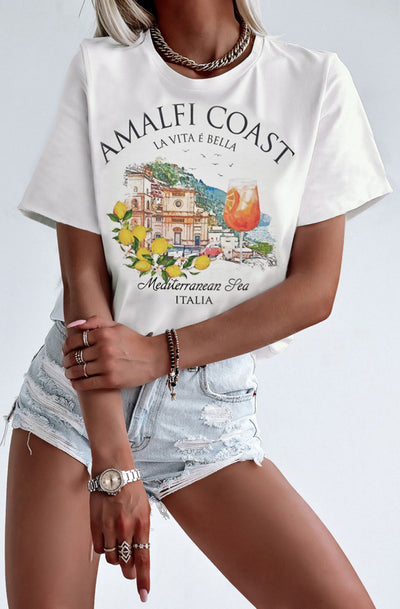 Amalfi Coast - Mediterranean Sea Graphic Printed T-Shirt Top-Ivory