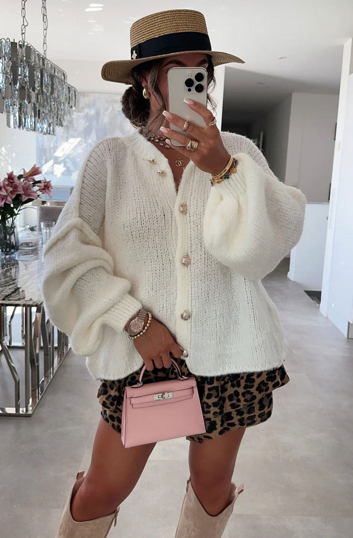 Amara Oversized Gold Button Cardigan-Ivory