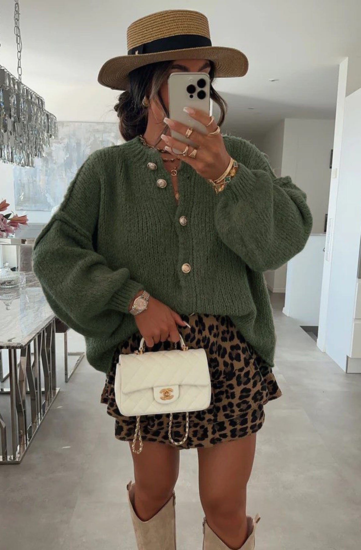 Amara Oversized Gold Button Cardigan-Khaki