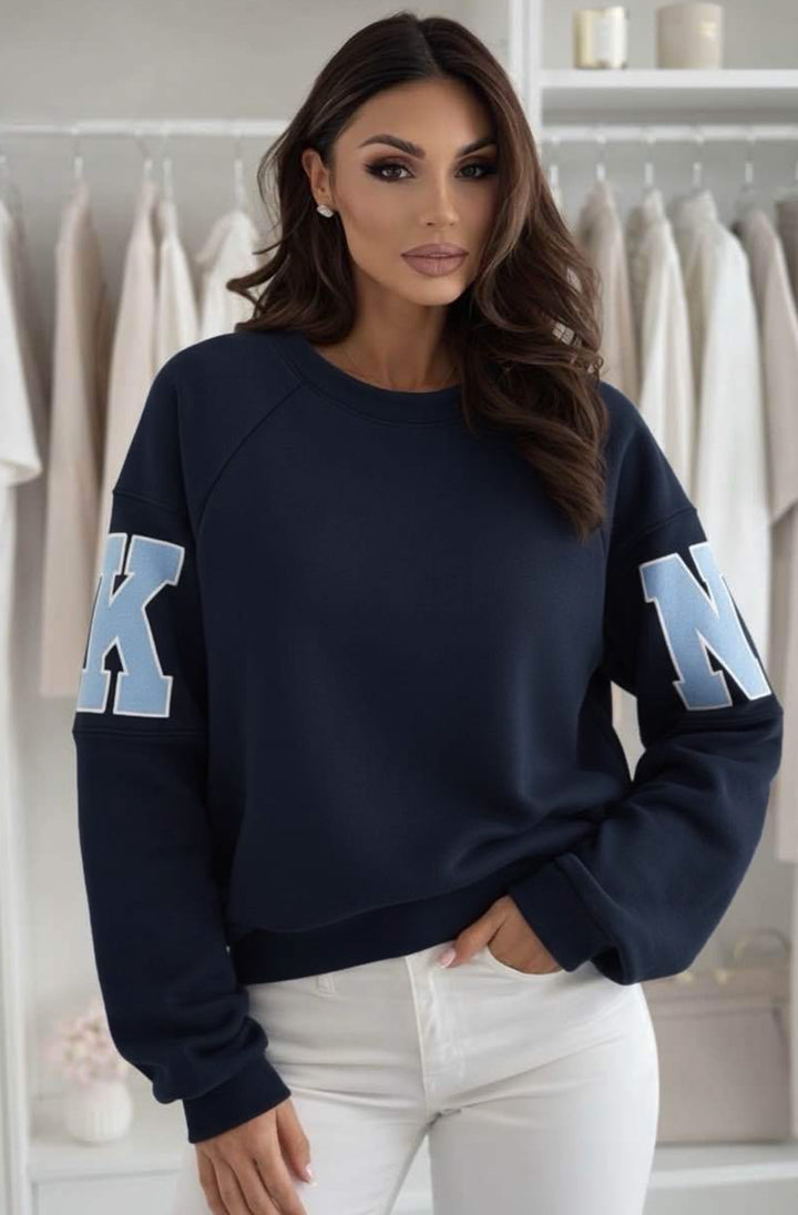 Amber ‘RKNE’ Oversized Raglan Letter Sleeve Sweatshirt Top-Navy