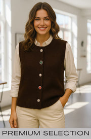 Amira Gem Button Cardigan Vest-Dark Brown
