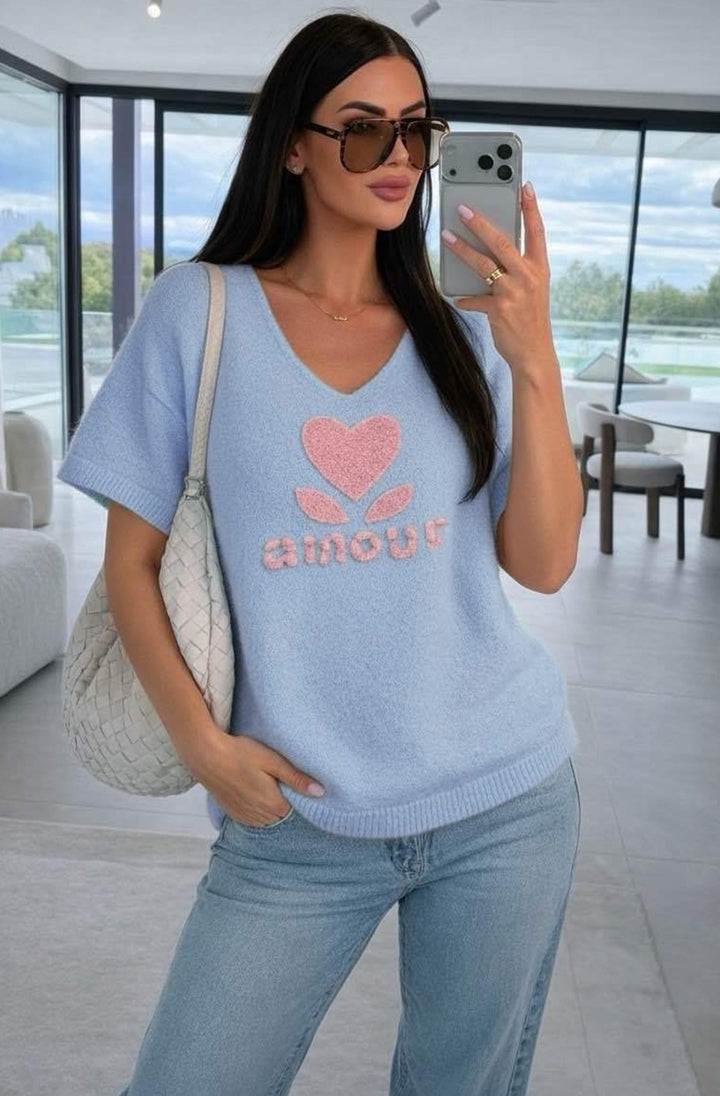 ‘Amour ❤️’ Alpaca Blend V-Neck Light Knitted Jumper Sweater-Blue