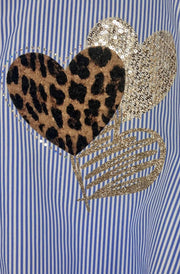 Amy Heart Embellishment Oversized Stripe Shirt Top-Blue
