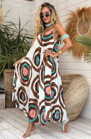 Anamika Oversized Boho Geo Print Maxi Dress-Brown