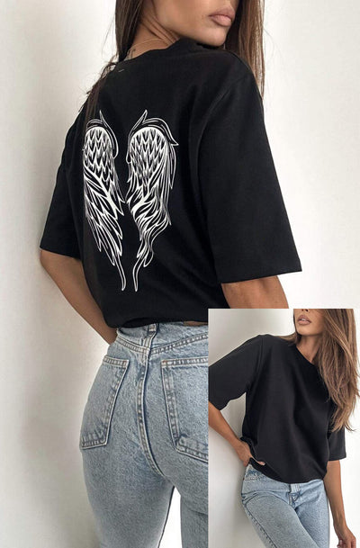 'Angel' Wings Graphic Printed T. Shirt Top-Black