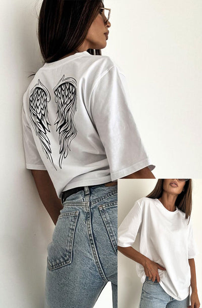 'Angel' Wings Graphic Print T-Shirt Top-Ivory