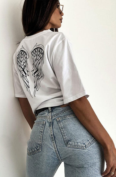 'Angel' Wings Graphic Print T-Shirt Top-Ivory