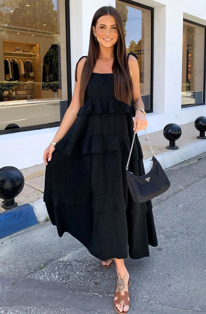 Angela Oversized Plain Tiered Maxi Dress-Black