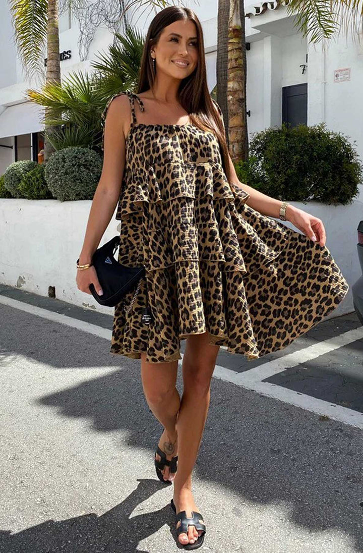 Angela Oversized Leopard Animal Print Tiered Dress-Brown