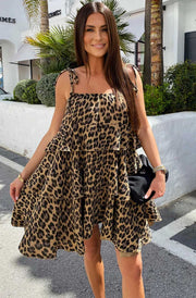Angela Oversized Leopard Animal Print Tiered Dress-Brown