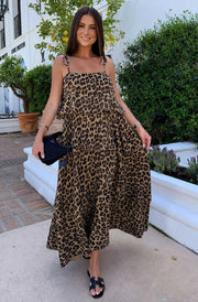 Angela Oversized Leopard Animal Print Tiered Maxi Dress-Brown