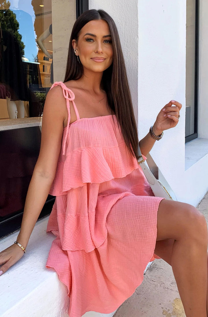 Angela Oversized Plain Tiered Dress-Coral