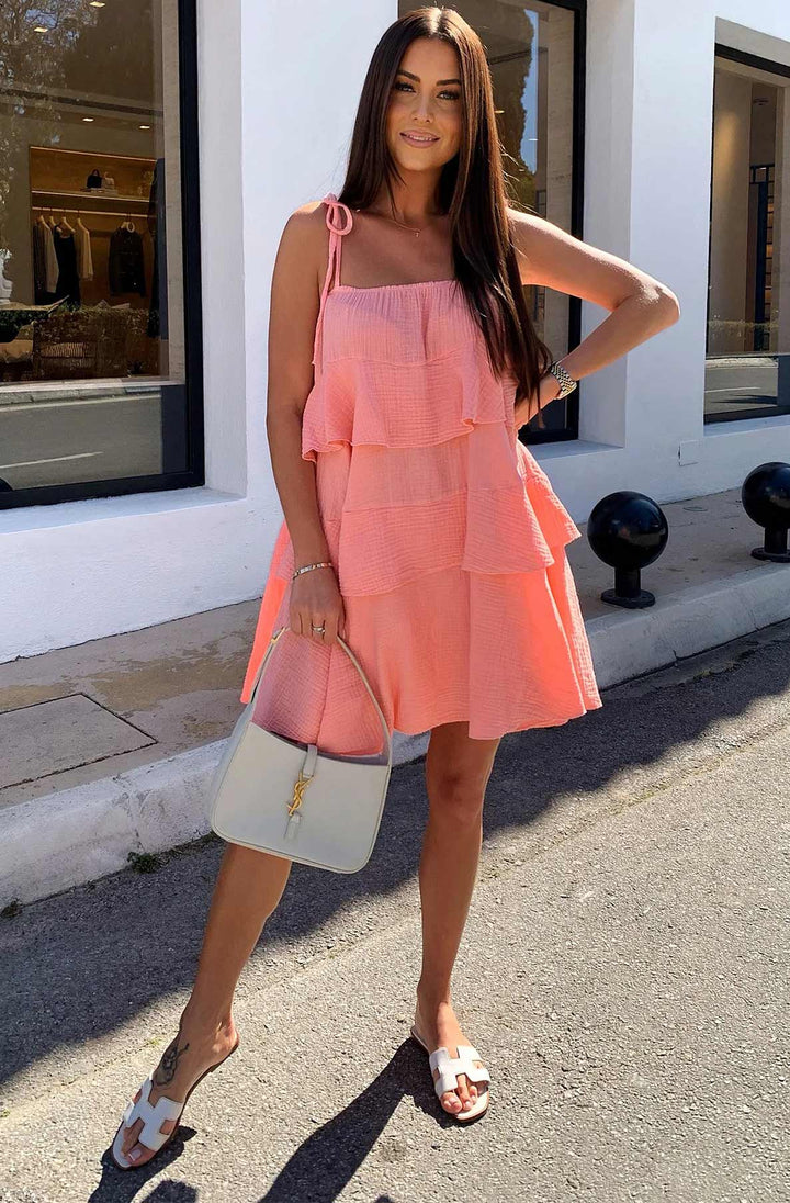 Angela Oversized Plain Tiered Dress-Coral
